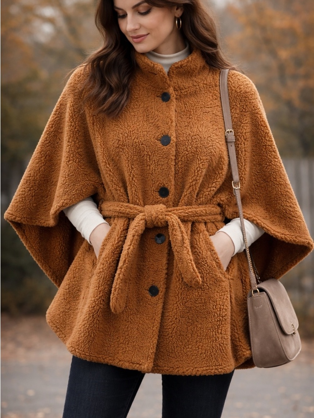 NWT Belk Teddy Fleece Poncho Cape One Size Brown Soft Cozy Wrap